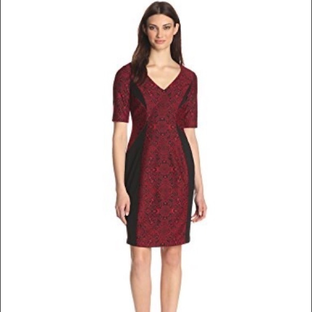 Maggy London Ponte Jacquard Sheath Dress Red and Black Size 4